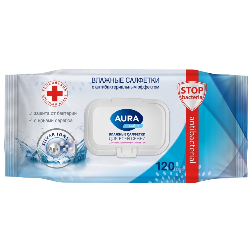 Влажные салфетки  AURA Family 120 шт универсальн с антибактериальным эффектом с крышк фото 1