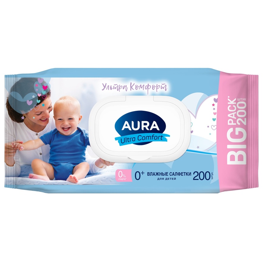 Влажные салф. AURA Ultra Comfort 200шт для детей с крышкой big-pack  *6/12 фото 1